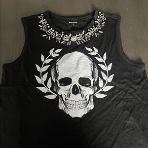 Express Black Tank with Skull and Embellished Neckline